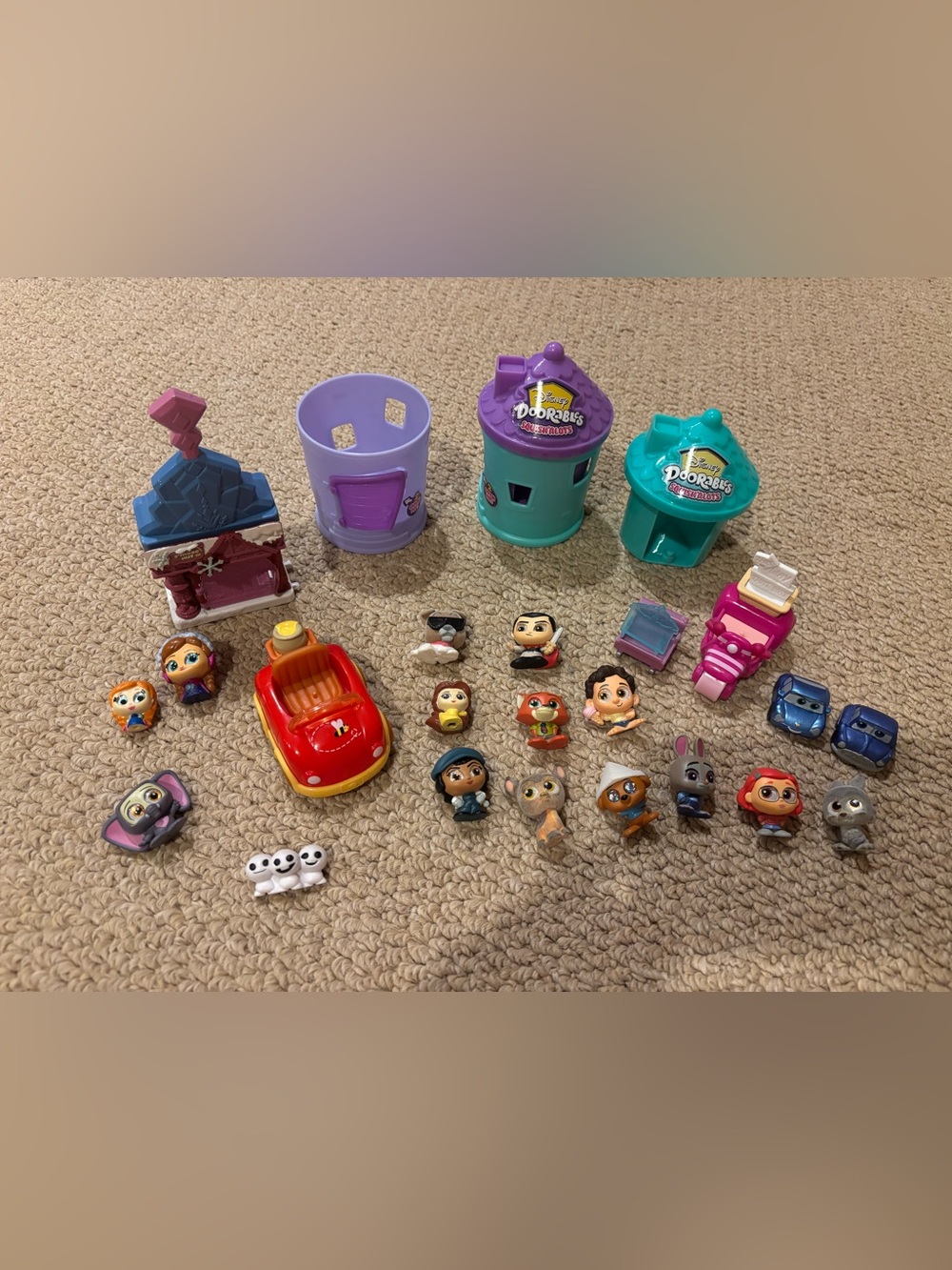 Disney Doorables Playset Bundle - Purple & Teal Houses with Red Car